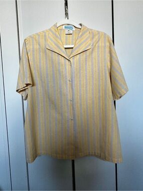 Vtg 80s LASSERRE Club Paris Butter Yellow & Grey Stripe S/S Cotton Camp Shirt M